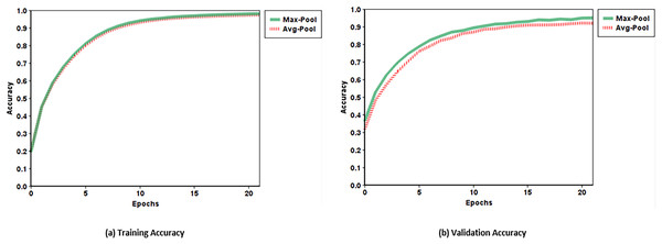 Training and validation accuracy of max-pooling and average-pooling.