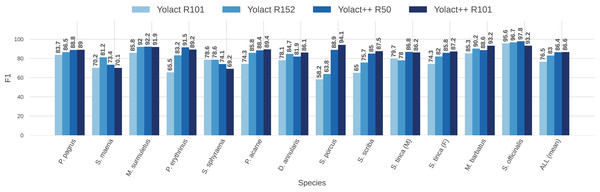 Per-class (per-species) average F1 score (F1, in %) for all IS module configurations tested (IoU 
$\ge 0.5$≥0.5
).