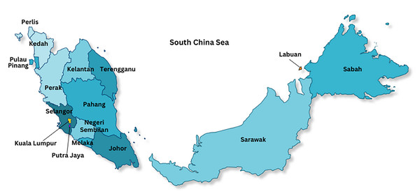 Location of the states in Malaysia.