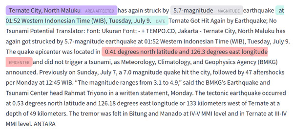 An example article from the ASHNEE dataset, featuring an event of type Earthquakes, with argument labels shown in the text.