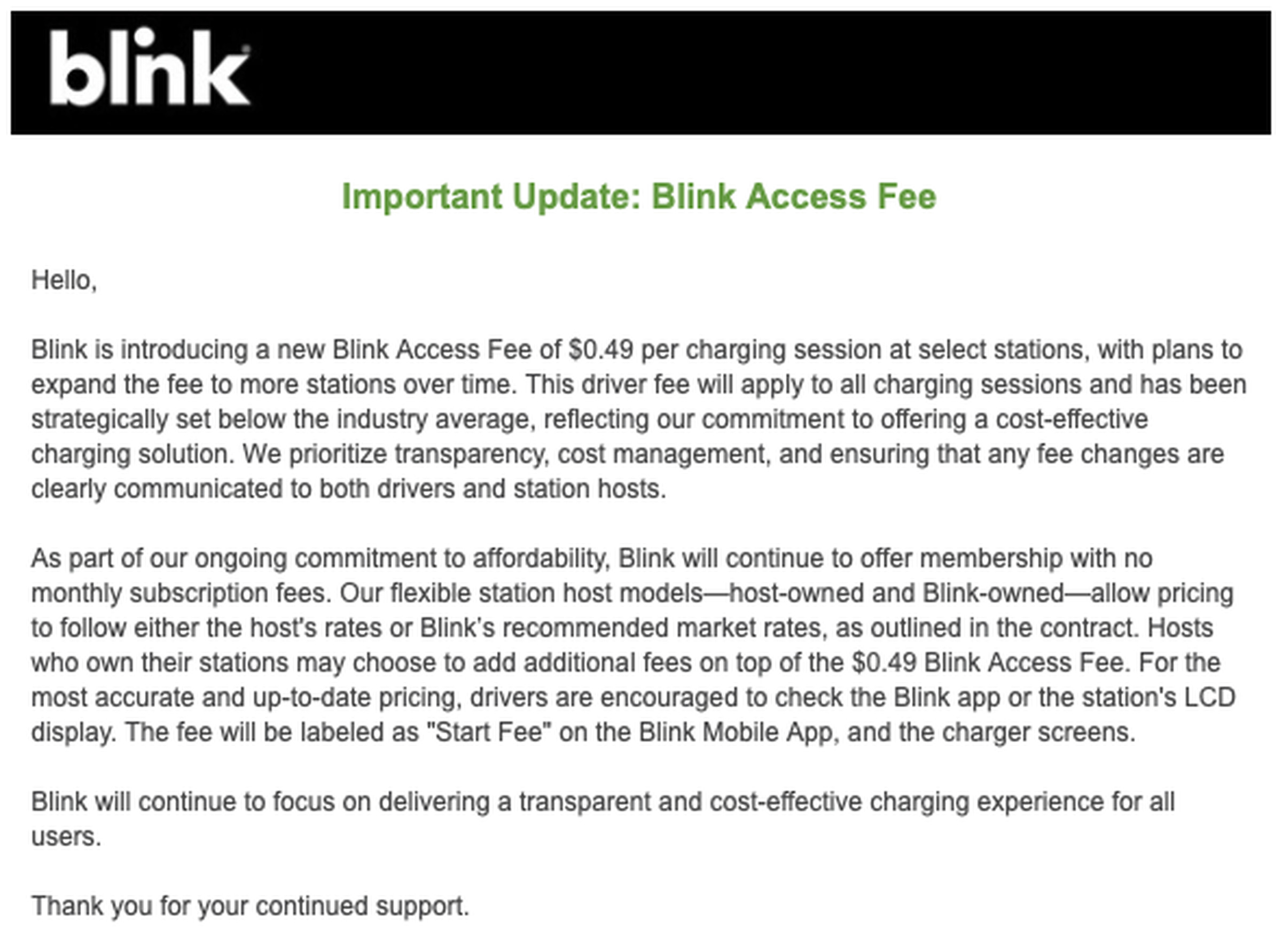 “We prioritize transparency, cost management, and ensuring that any fee changes are clearly communicated to both drivers and station hosts.”