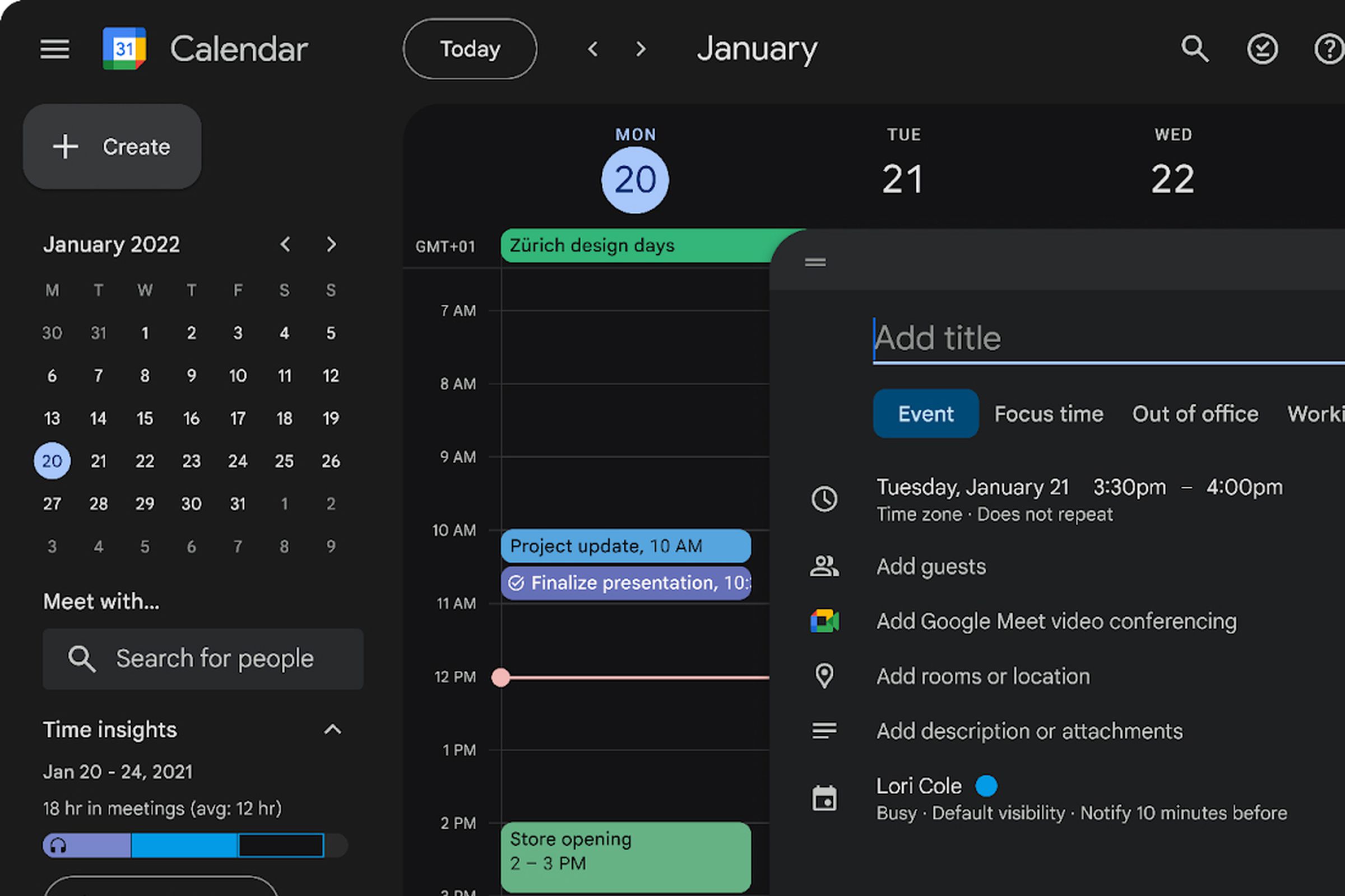 A screenshot of Google Calendar in a web browser in dark mode.