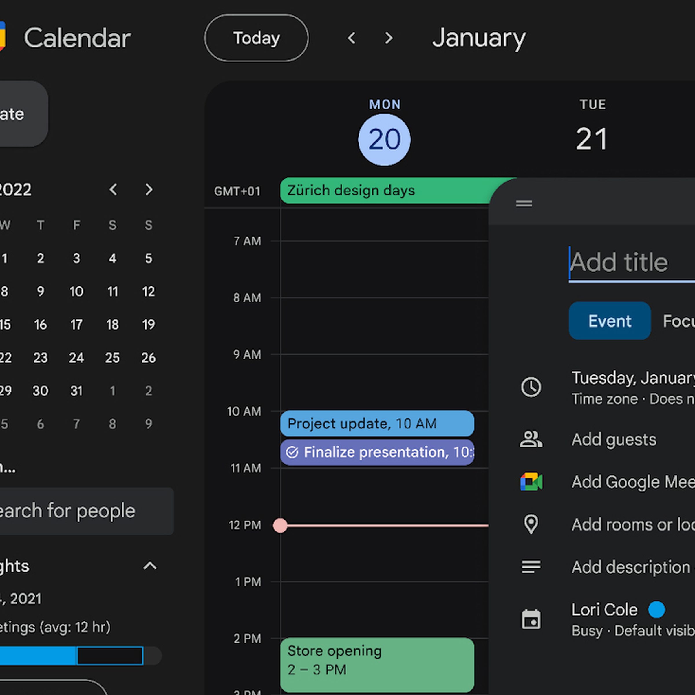 A screenshot of Google Calendar in a web browser in dark mode.