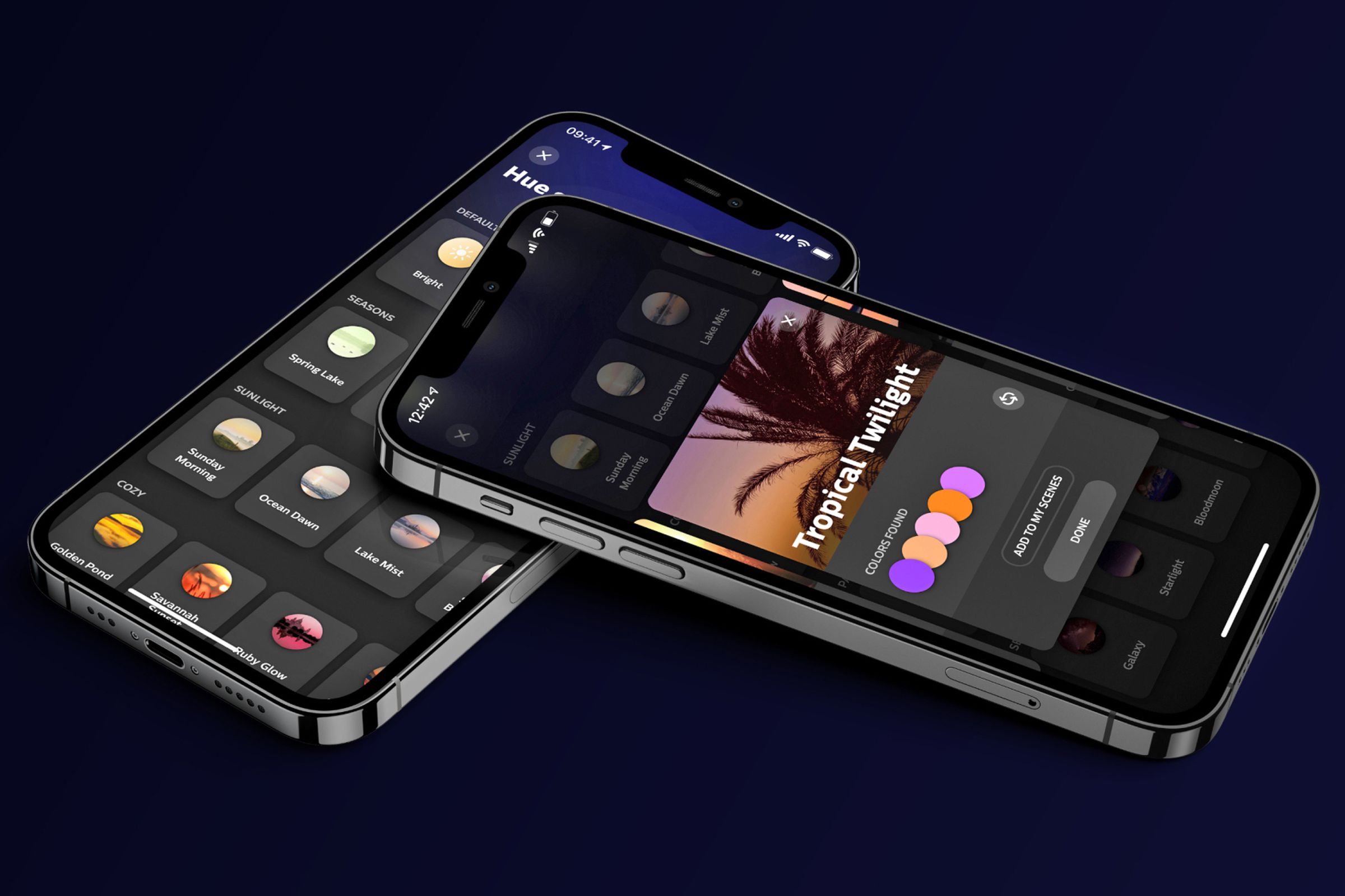 Two smartphones each featuring the Philips Hue app on screen.