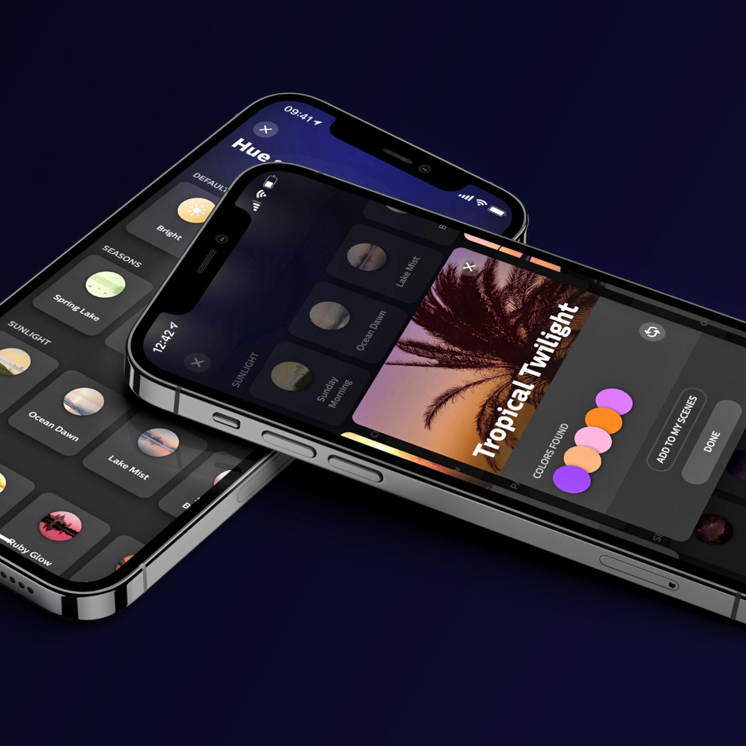 Two smartphones each featuring the Philips Hue app on screen.