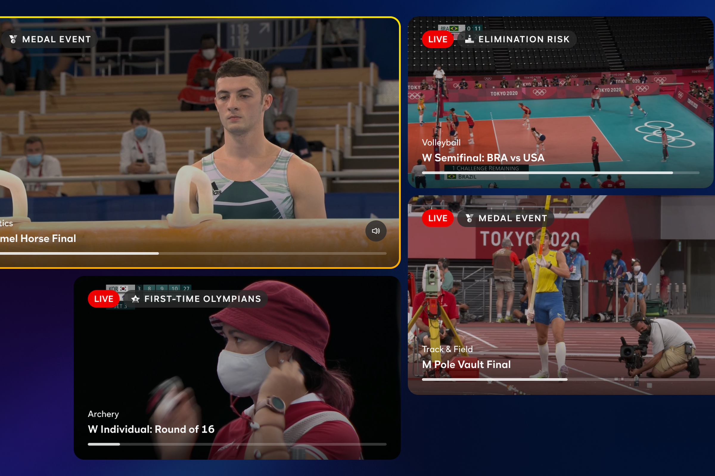 A screenshot showing four feeds of Olympics events.