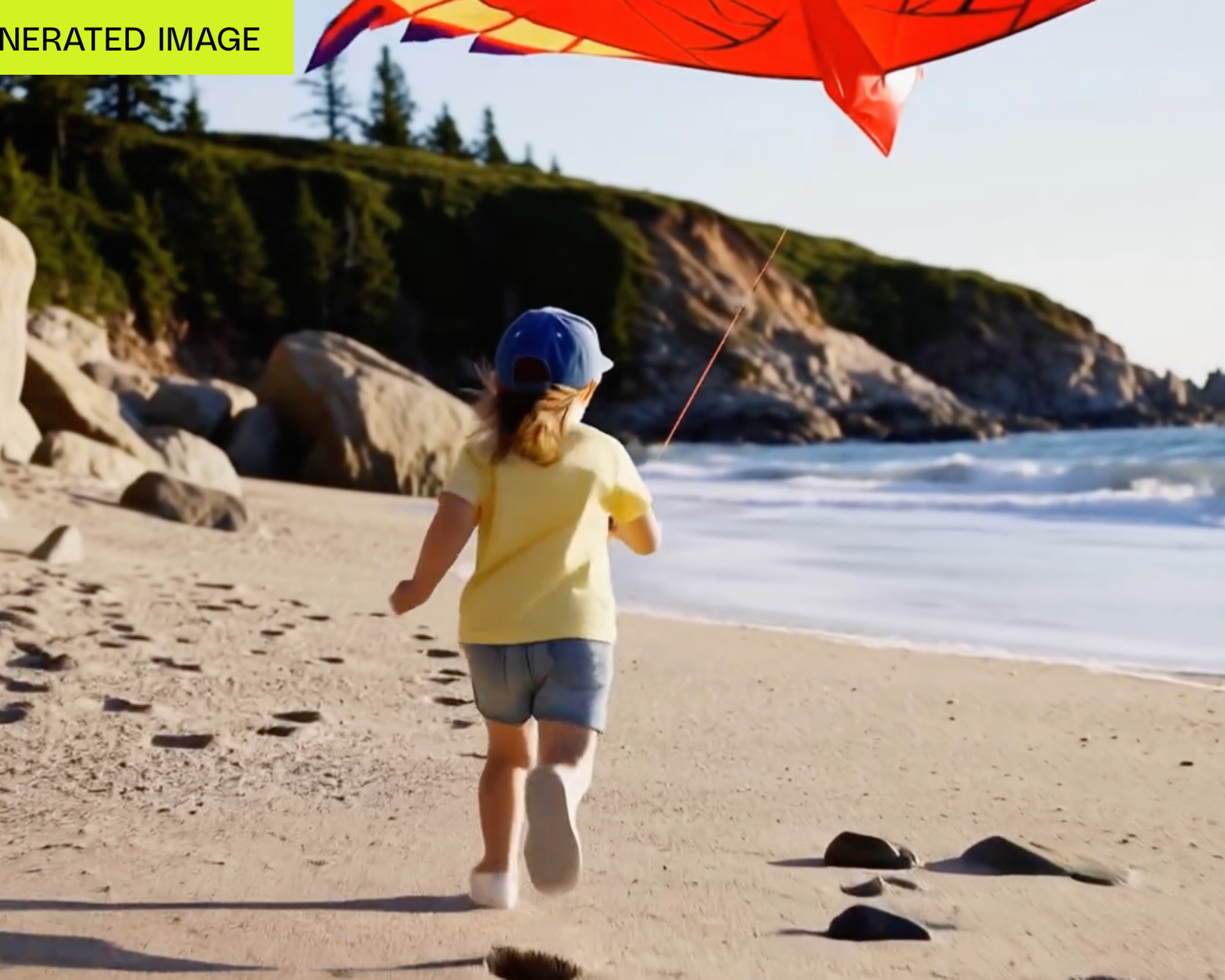 An AI-generated still from a video of a child running on the beach with a kite.