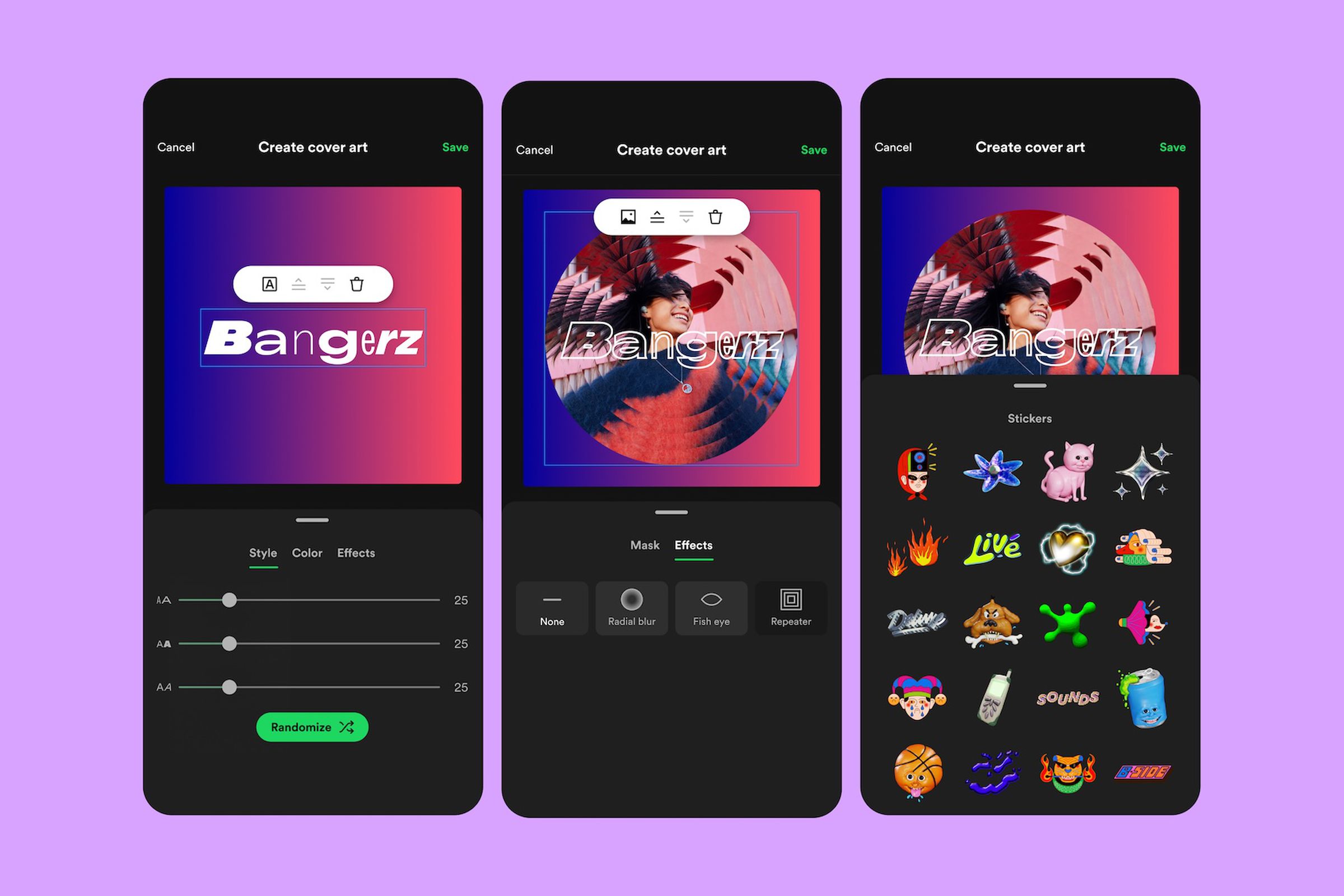 Three screenshots of Spotify’s new “Create cover art” option, showing sliders for tweaking text styles, effects options, and a sticker picker.