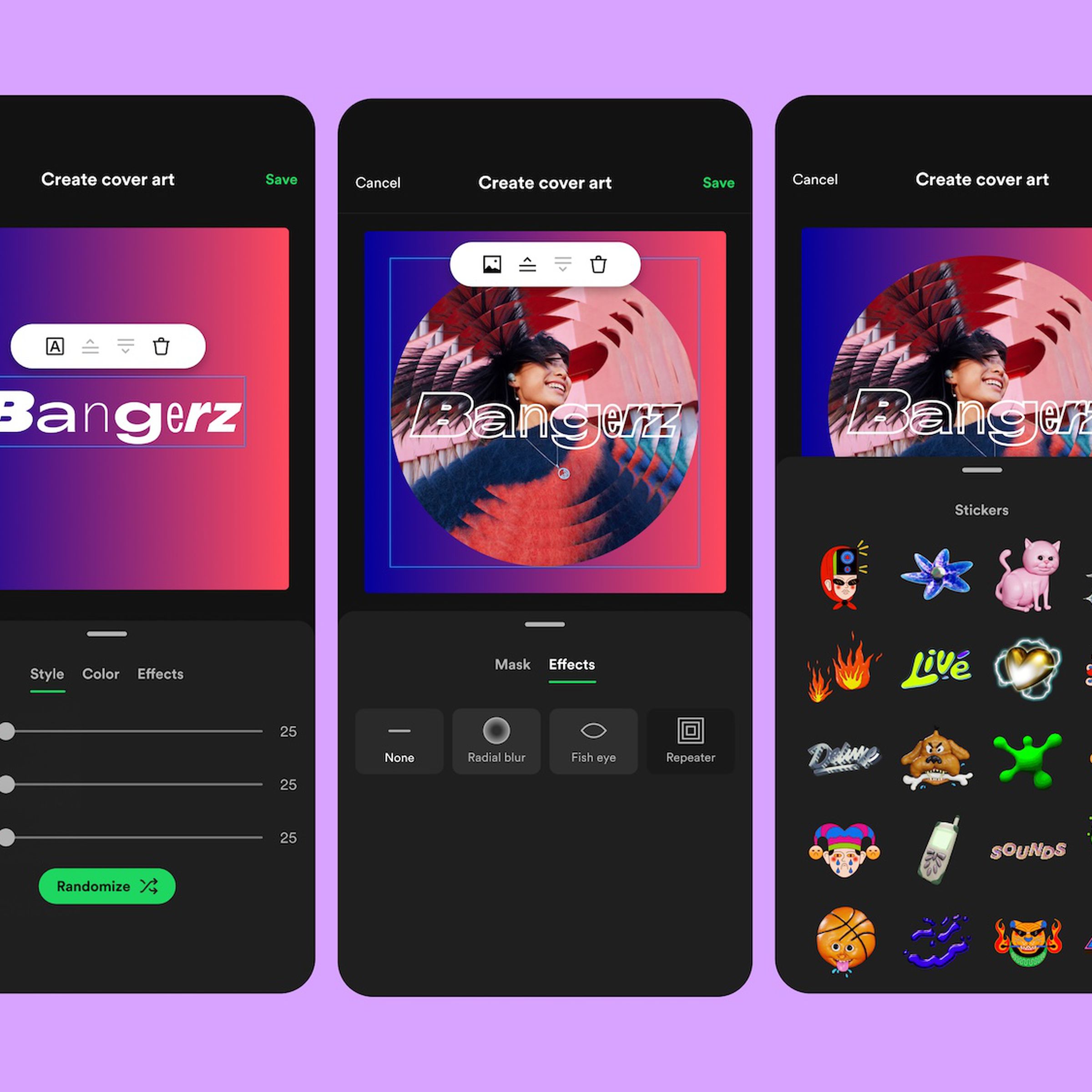 Three screenshots of Spotify’s new “Create cover art” option, showing sliders for tweaking text styles, effects options, and a sticker picker.