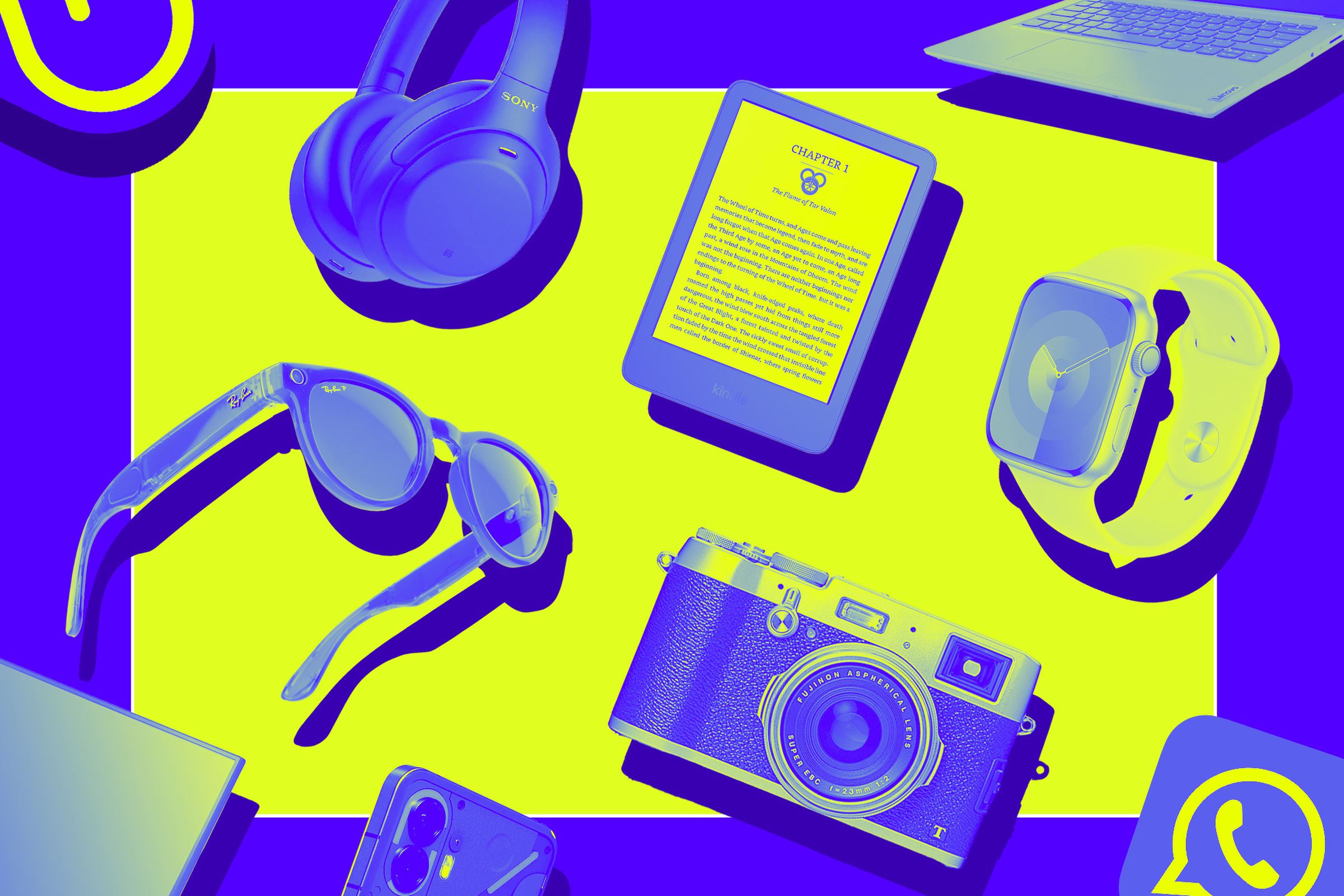 An illustration of several gadgets in a Vergecast style.