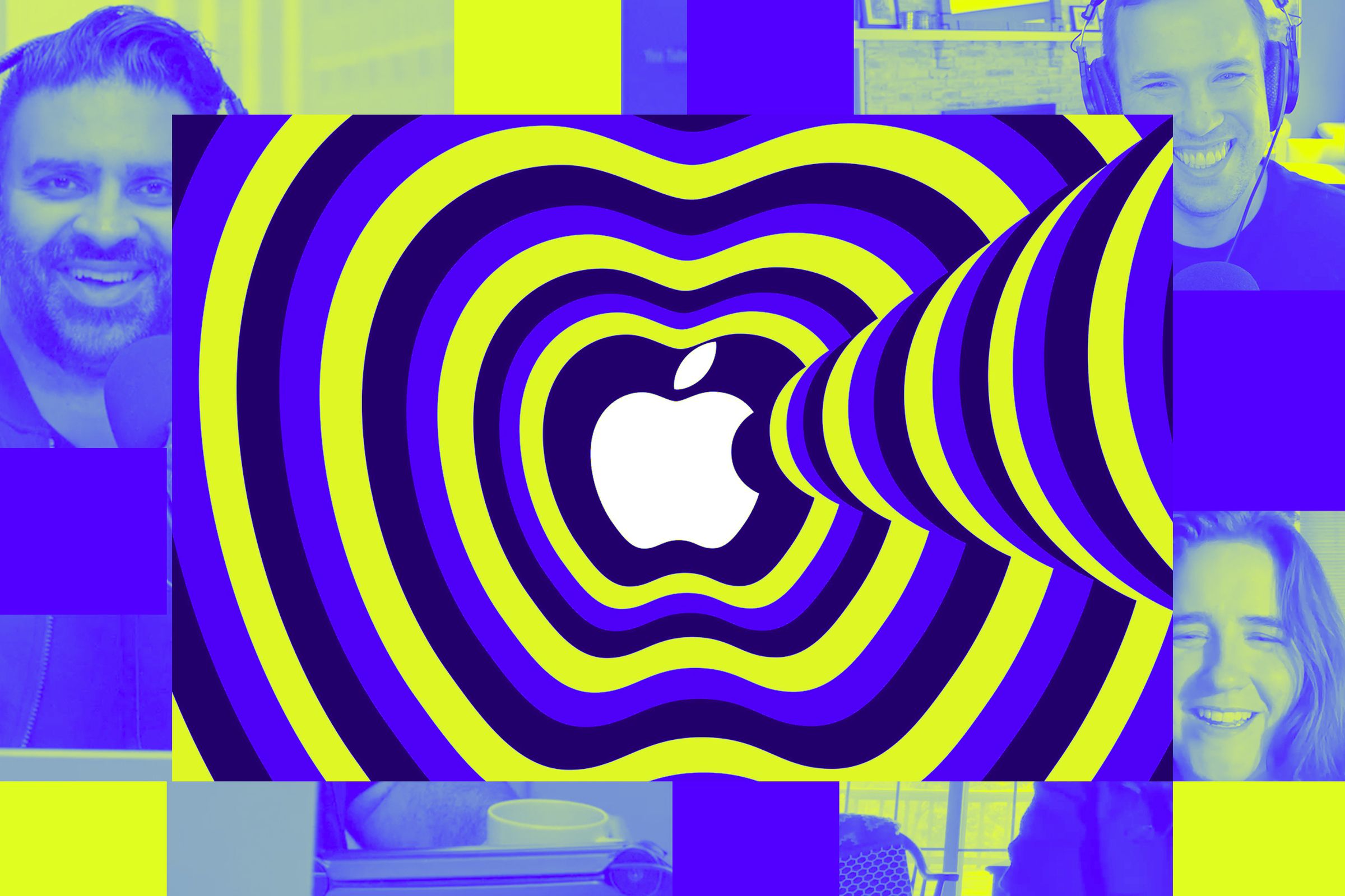 An Apple logo over a Vergecast illustration