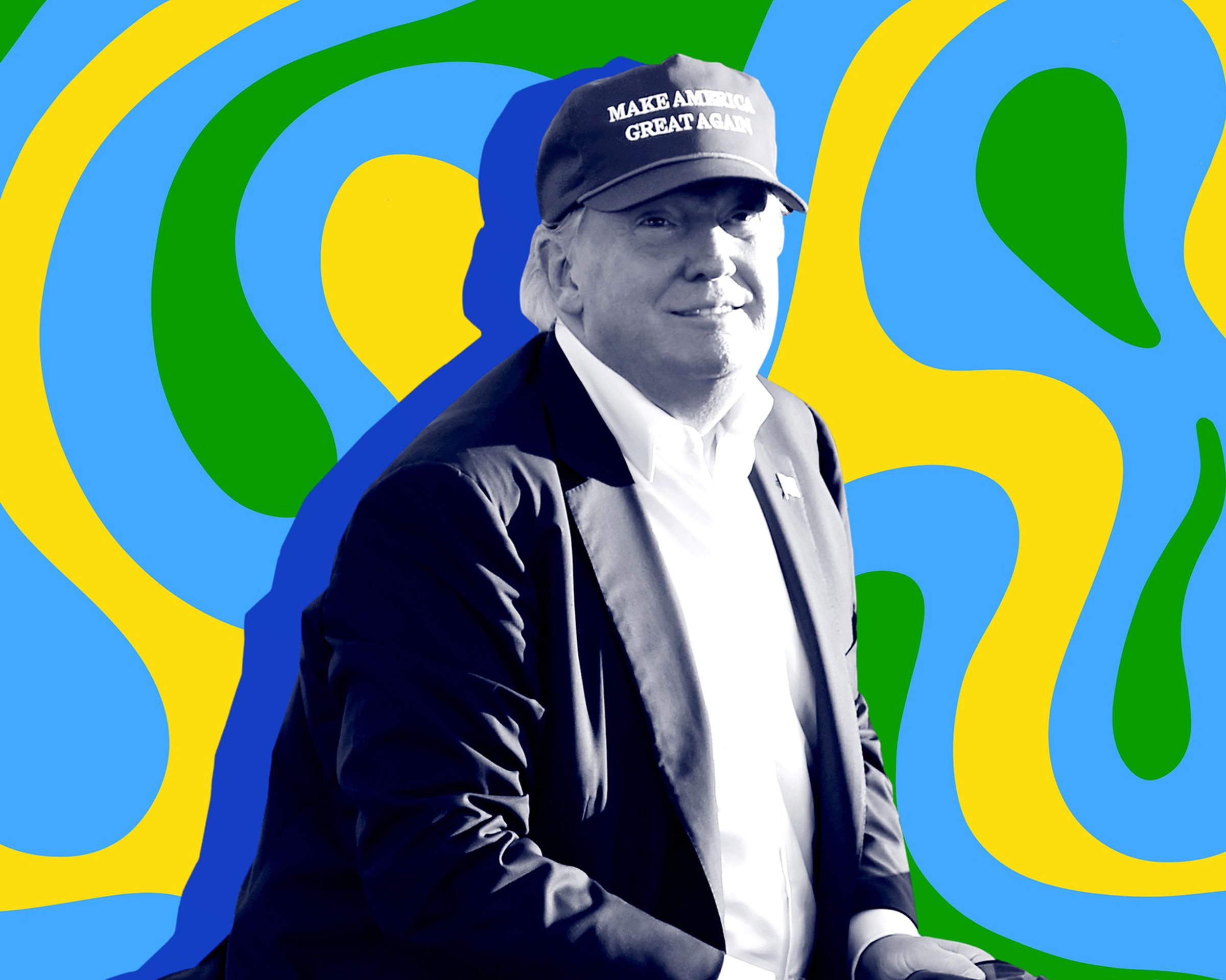 A picture of Donald Trump in black and white, wearing a ball cap and jacket with a colorful blue, yellow, and green background with large swirly lines.