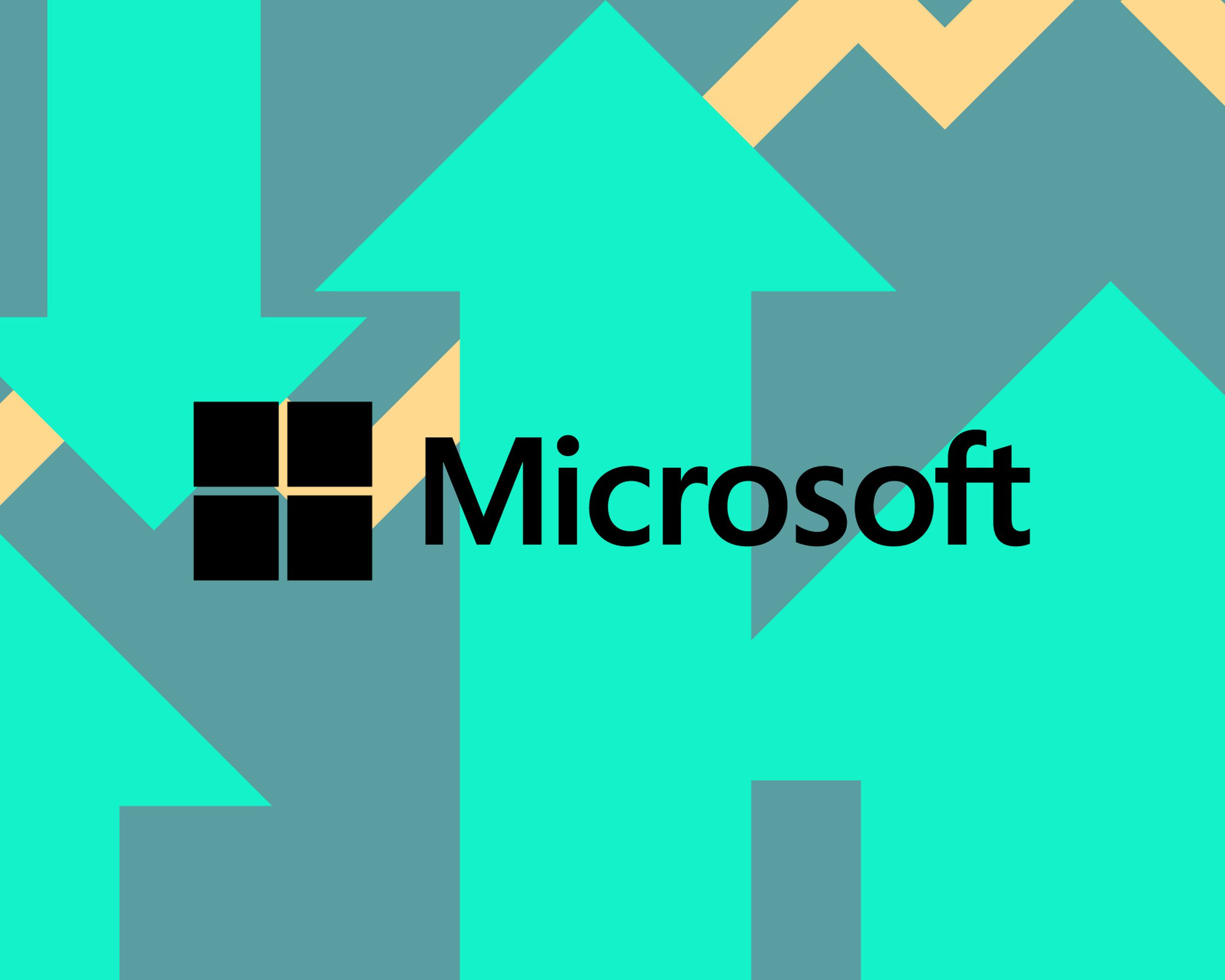 Vector collage of the Microsoft logo among arrows and lines going up and down.