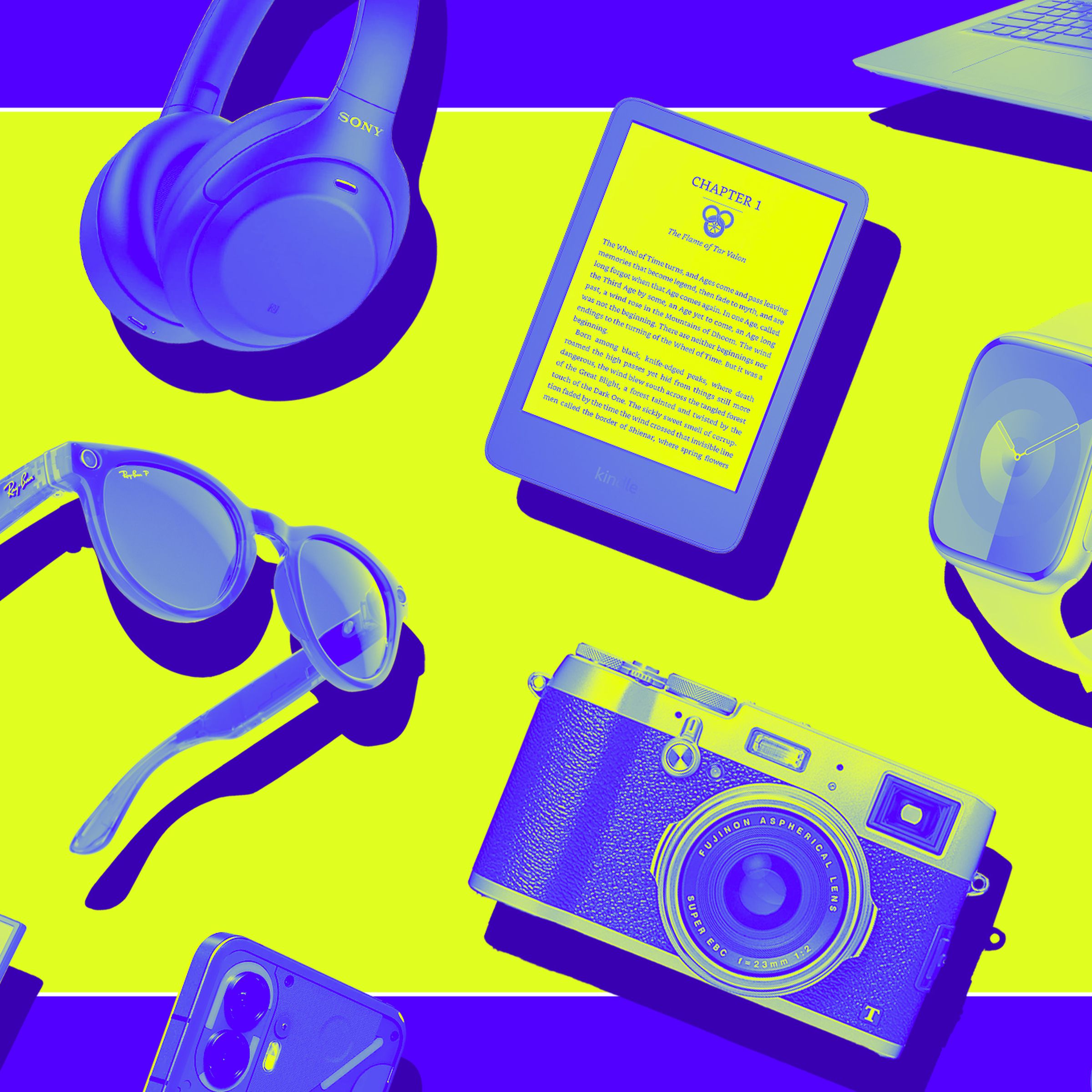 An illustration of several gadgets in a Vergecast style.