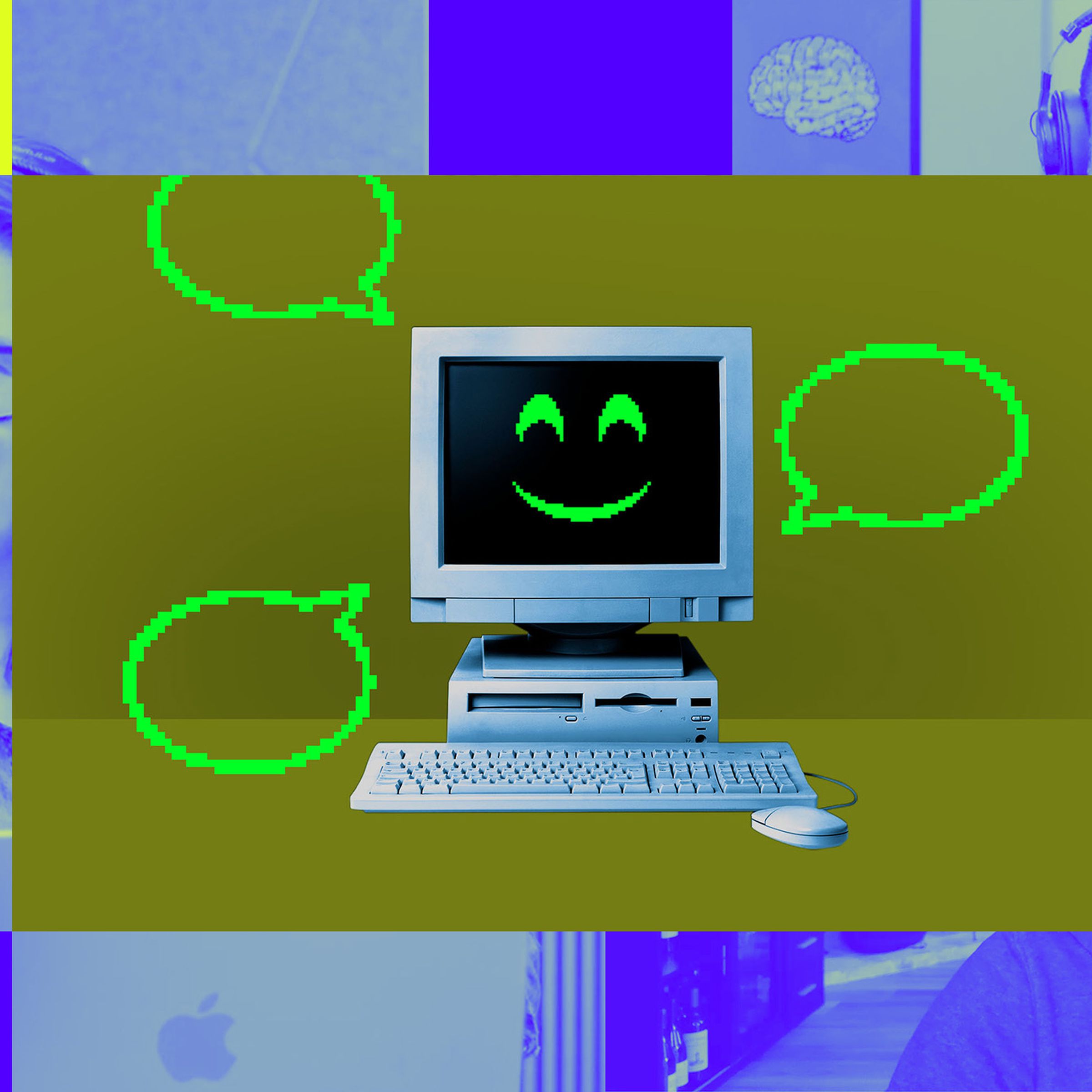 A photo of a computer with a smiling face, on a Vergecast background.