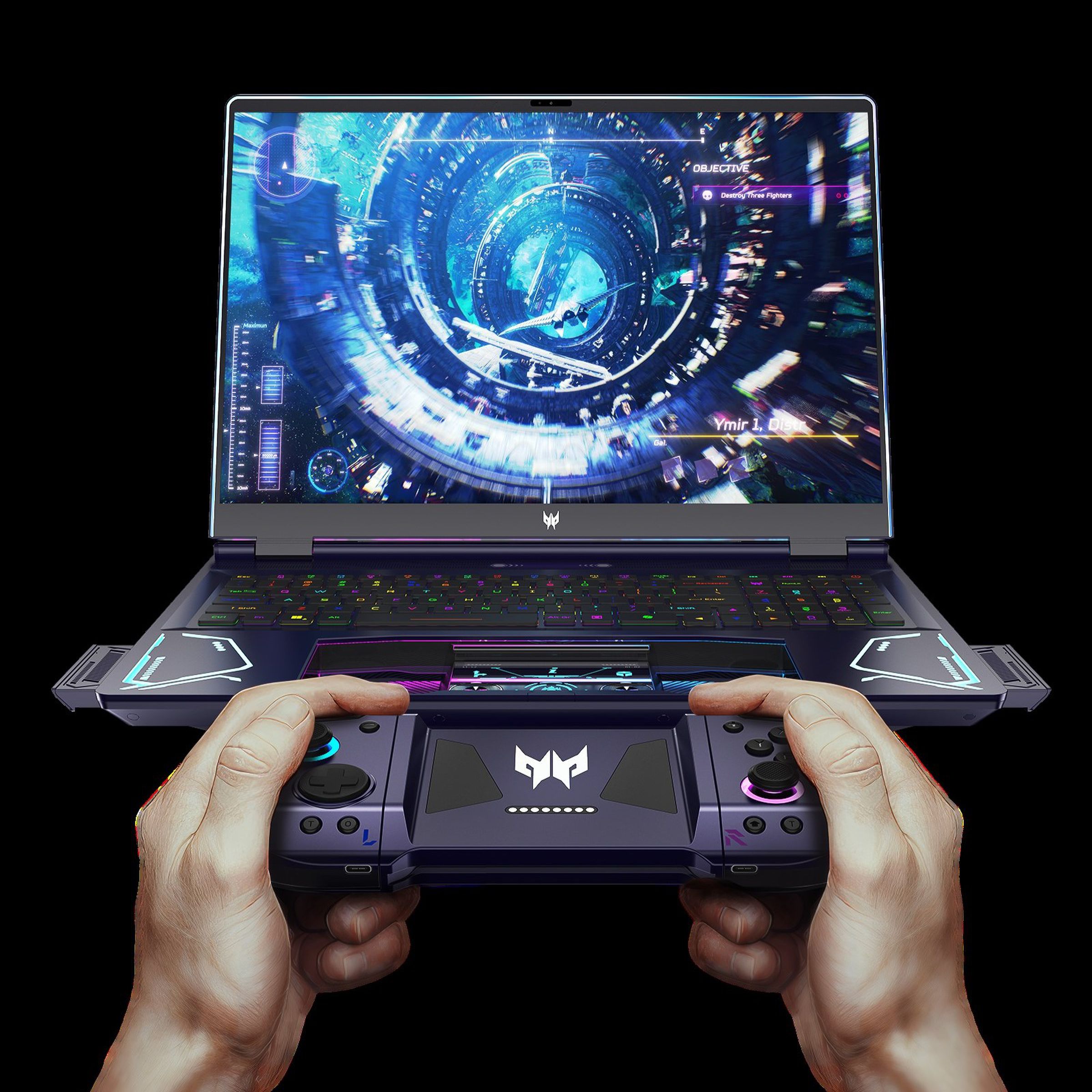 Two hands hold a controller in front of gaming laptop.