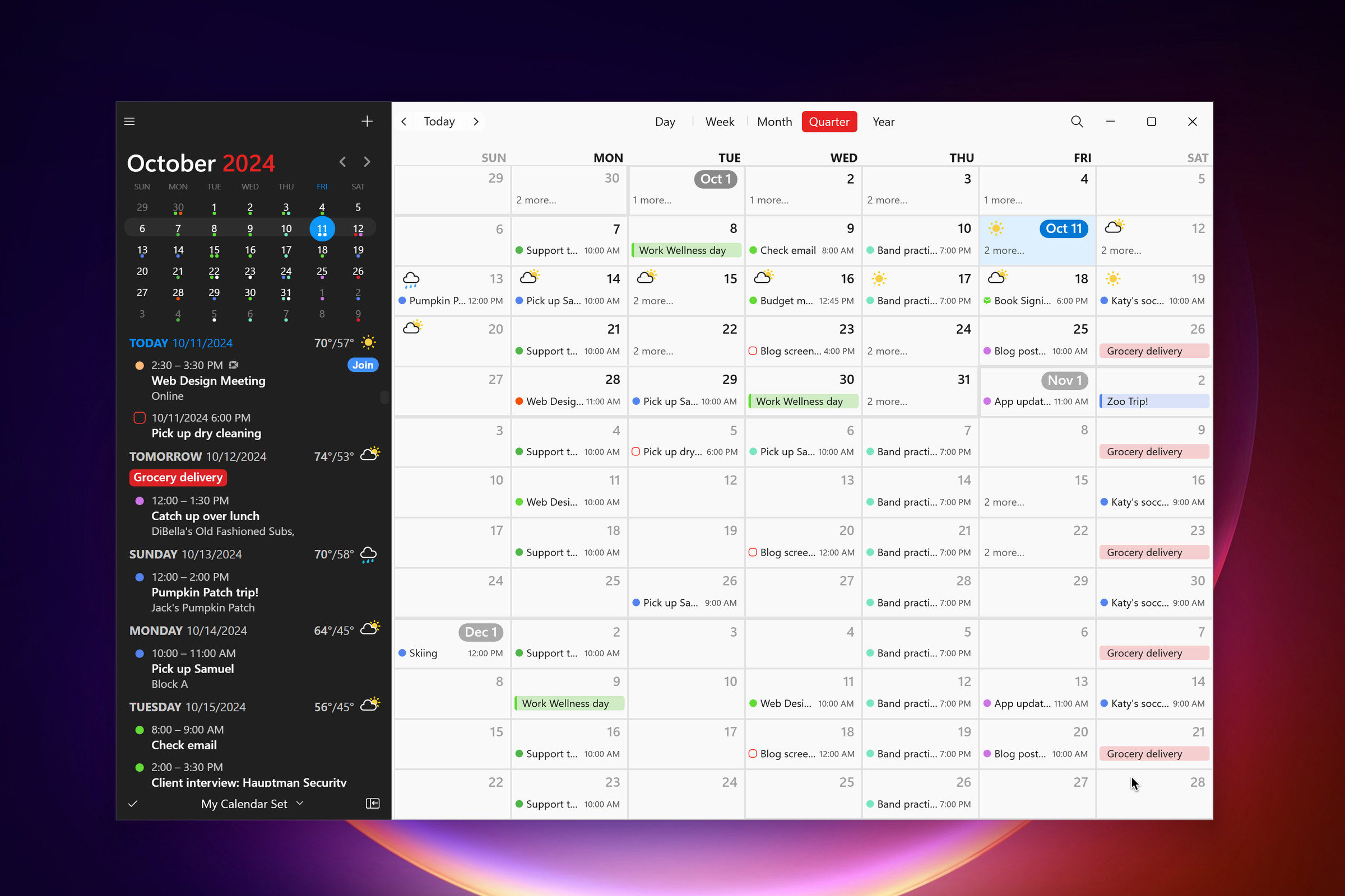 A screenshot of a calendar app on a desktop wallpaper.