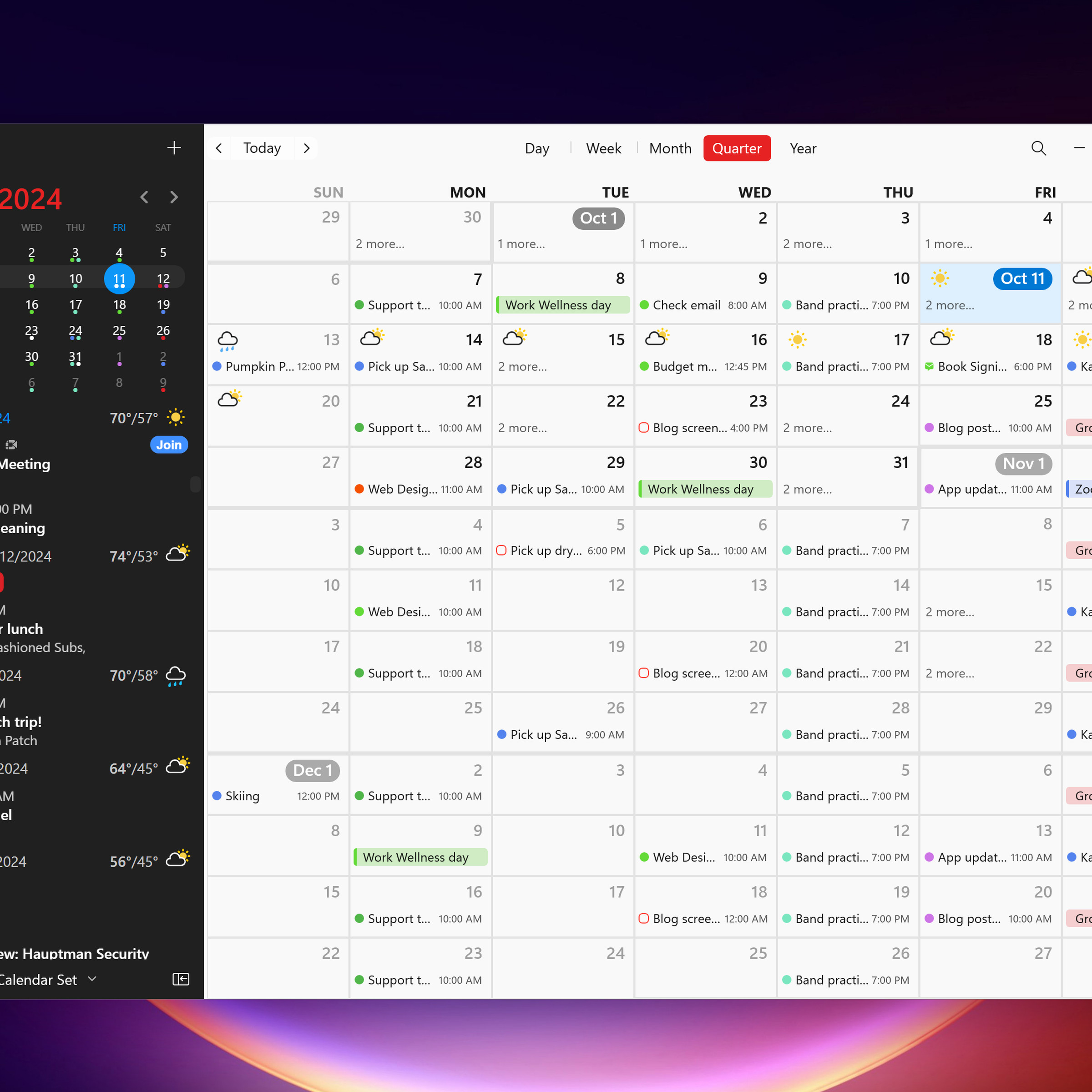 A screenshot of a calendar app on a desktop wallpaper.