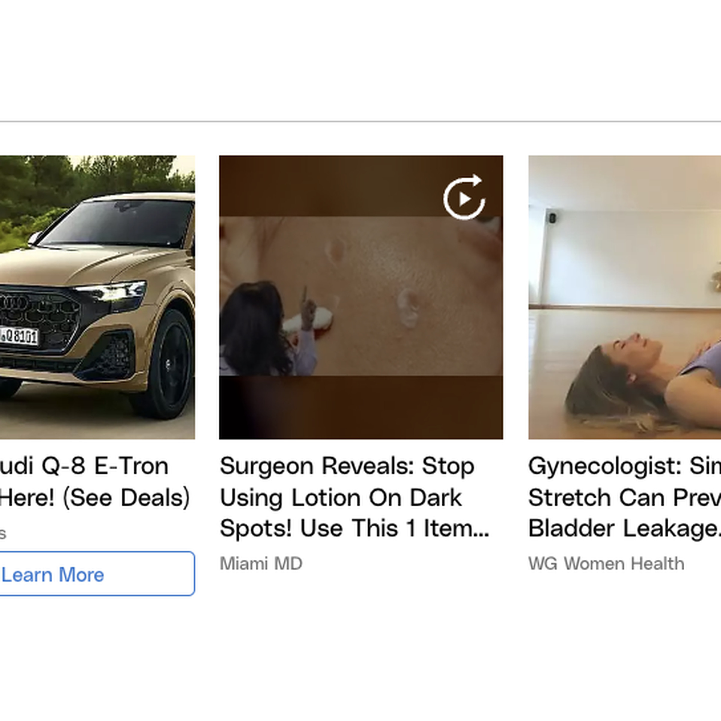 A picture of three chumbox articles, one for a car, and two featuring questionable medical claims.