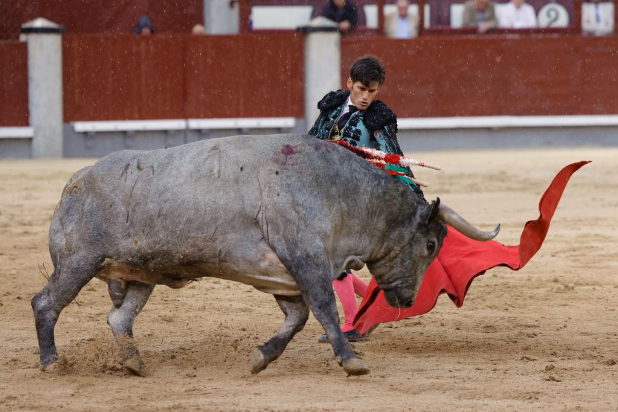 El diestro José Garrido da un pase a su segundo toro en la corrida de la Feria de San Isidro de este jueves.