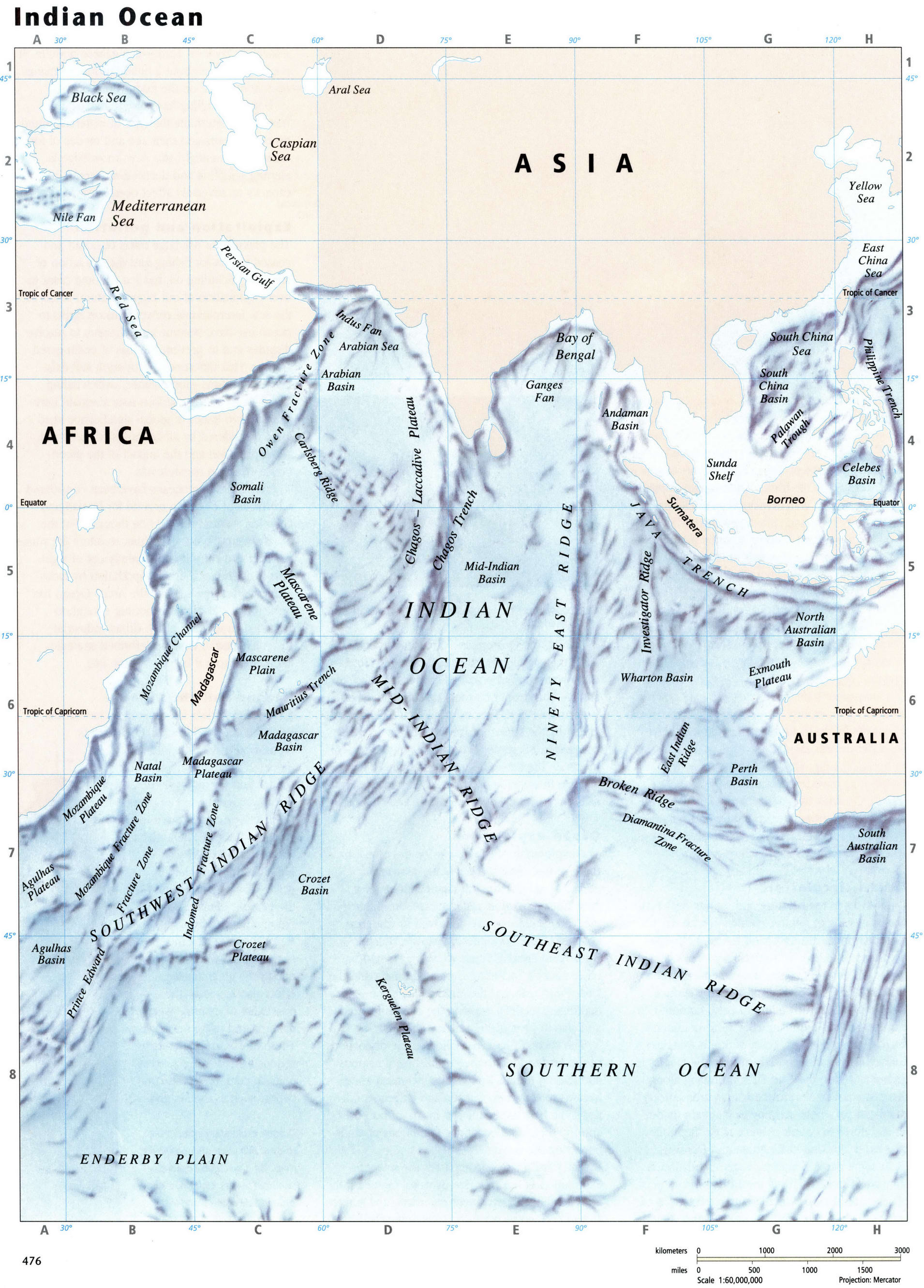 Indian Ocean map with islands and seas, detailed physical map Indian ...