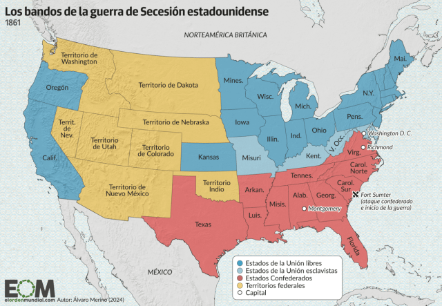 El mapa de la guerra de Secesión en Estados Unidos