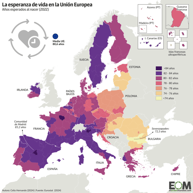 El mapa de la esperanza de vida en la Unión Europea