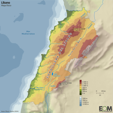 Mapa físico de Líbano