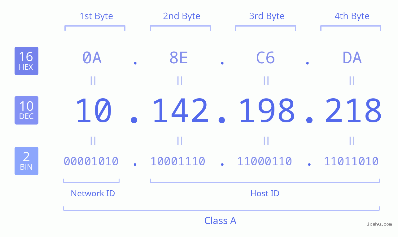 IPv4: 10.142.198.218 Network Class, Net ID, Host ID