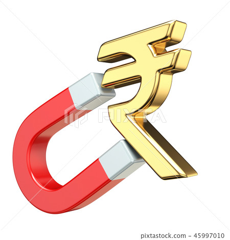 Gold RUPEE currency sign on red magnet 3D 45997010