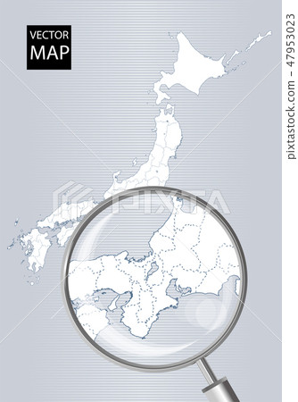 Map of Japan (gray): Map of Tokai · Kansai expanded with a magnifying glass | Japan Archipelago Vector Data 47953023