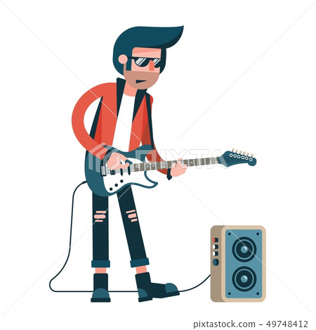 Rock guitarist plays solo on an electric guitar  49748412