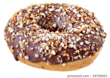 Chocolate glazed donut with nut flakes isolated 49796065