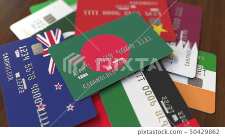 Many credit cards with different flags, emphasized bank card with flag of Bangladesh. 3D rendering 50429862