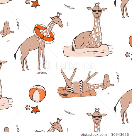 Giraffa on the beach: sunbathing, swimming, relaxing. Vector cute hand-drawn illustration with wild 50643626