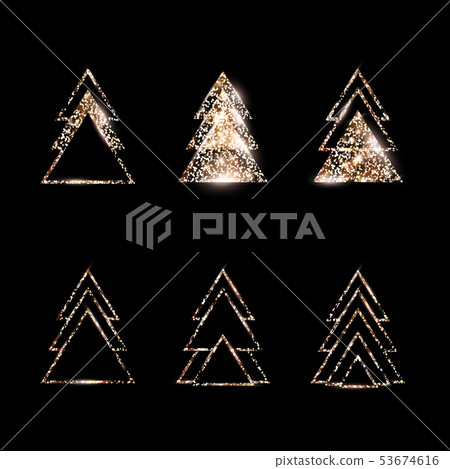 A set of geometric Christmas trees. Gold Glitter. 53674616