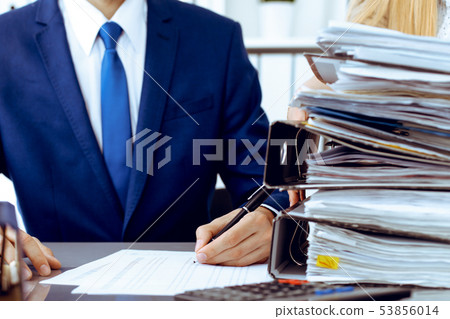 Bookkeeper or financial inspector and secretary making report, calculating or checking balance 53856014