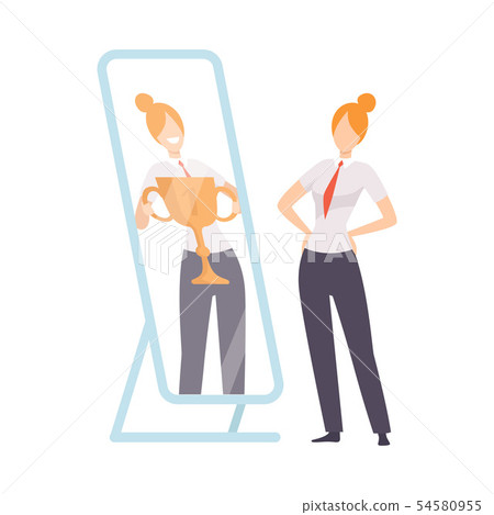 Narcissistic Woman Character Looking at Mirror and Seeing in Reflection of Herself with Winner Cup 54580955