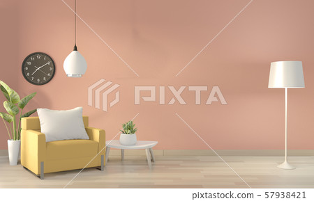 Pink living room with yellow arm chair 57938421