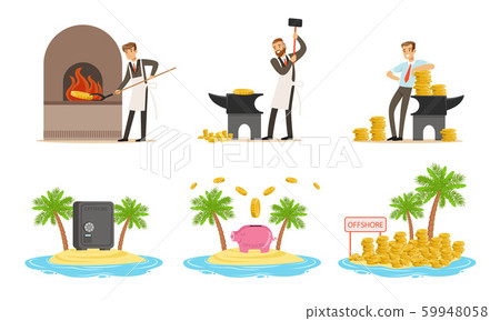 Man forges money. Gold coins on the island. Set of vector illustrations. 59948058