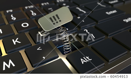 Computer keyboard and jack-in-the-box triple exclamation mark in the key. Conceptual 3D rendering 60454913