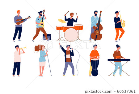 Musicians characters. Creative performing peoples in different poses playing at musical instruments and singing. Vector musicians 60537361