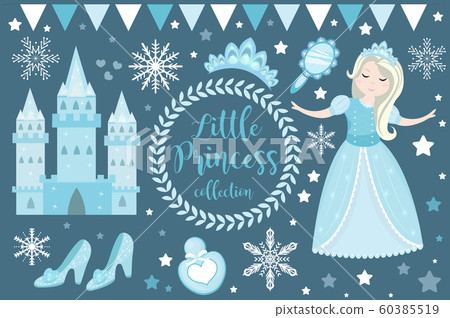 Cute little snow princess, cold queen objects set. Winter Collection design element with pretty girl, ice castle, mirror, crown, accessories. Kids baby clip art funny smiling character. Vector 60385519