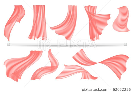 Curtain rod and window textile decoration. Red flying silk transparent fabric, realistic isolated interior design vector elements 62652236