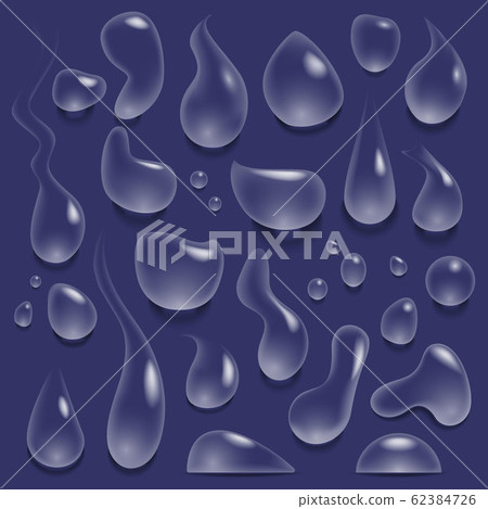 Water drops. Realistic drop of pure water, rain droplets and splashes, teardrops of different shapes vector illustration set 62384726