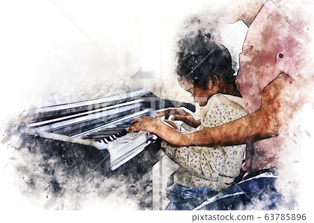 Abstract beautiful hand playing keyboard of the piano foreground Watercolor painting background and Digital illustration brush to art 63785896