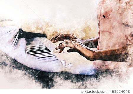 Hand playing keyboard of the piano foreground Watercolor painting background and Digital illustration brush to art. 63334048