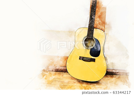 Acoustic guitar in the foreground on watercolor painting background and digital illustration brush to art. 63344217