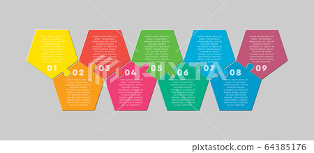 Nine puzzle jigsaw pentagon line info graphic. 64385176