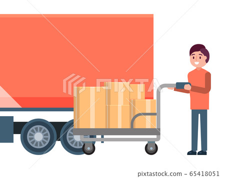 Male character loader hold cart, fast delivery service truck logistic concept isolated on white, flat vector illustration. 65418051